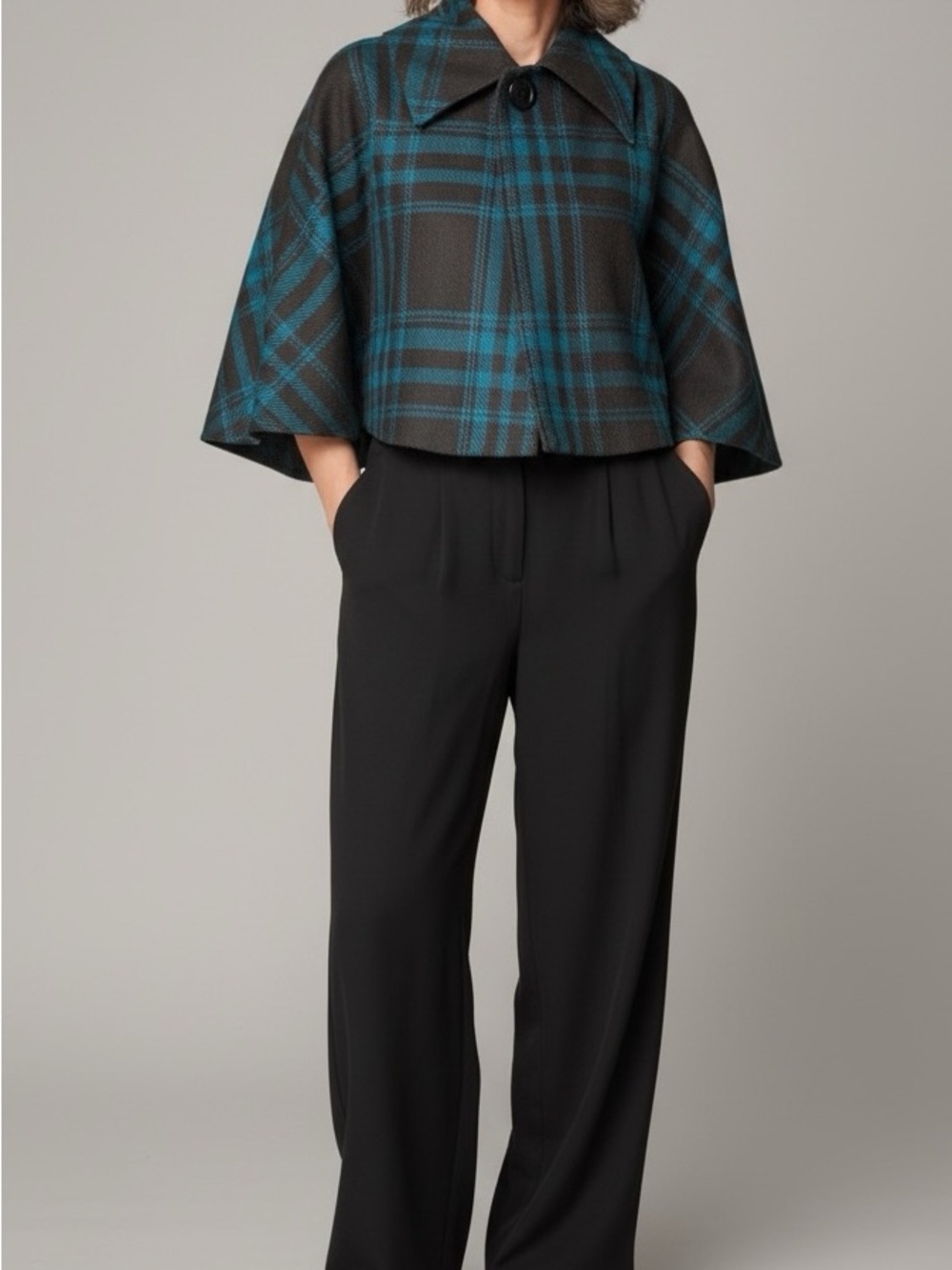 Express Plaid Cropped Cape Coat Jacket Black and Teal Dark Academia Preppy XS